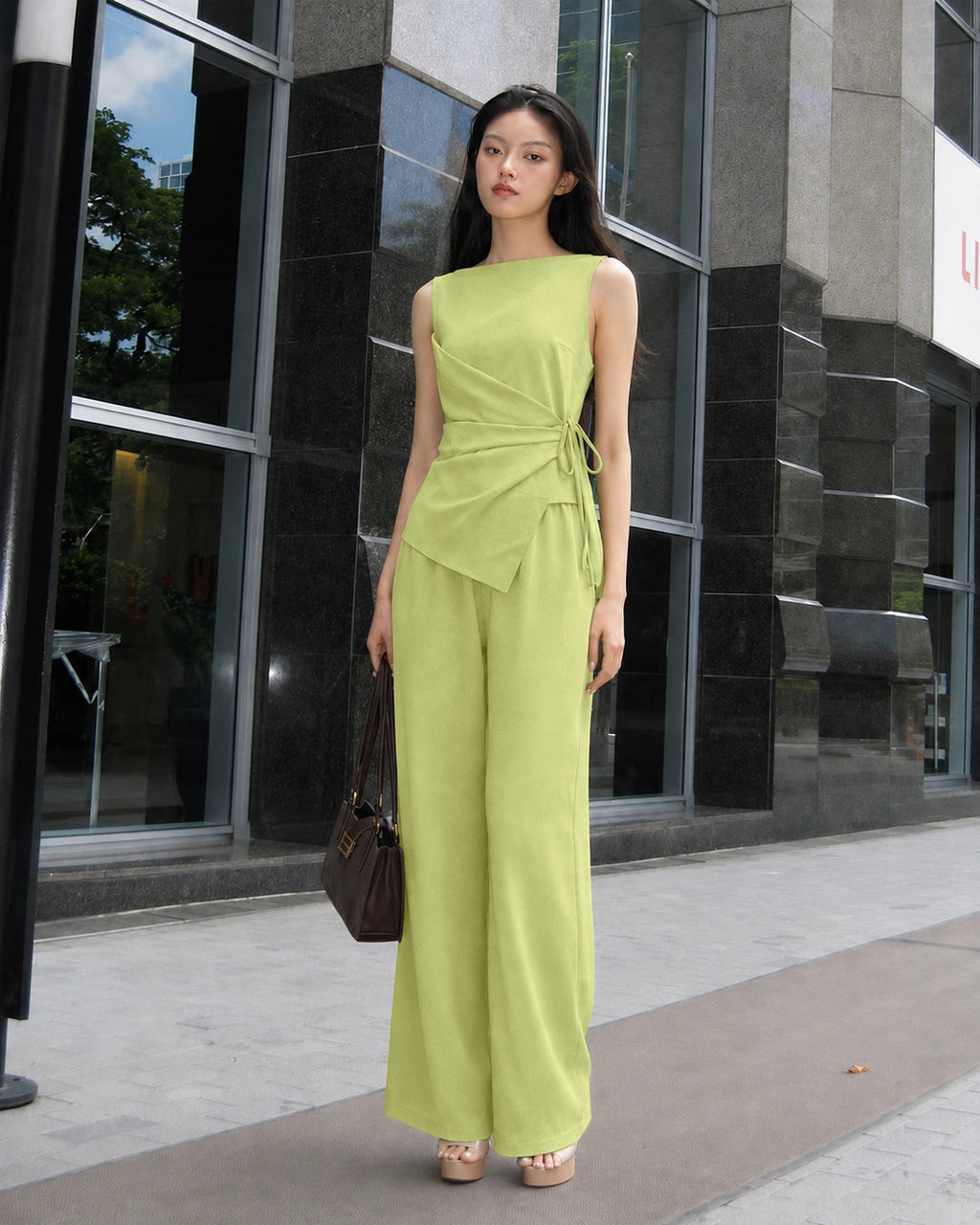 Wrap Tie Asymmetrical Hem Top and Wide Leg Trouser Coord Set in Lime Green