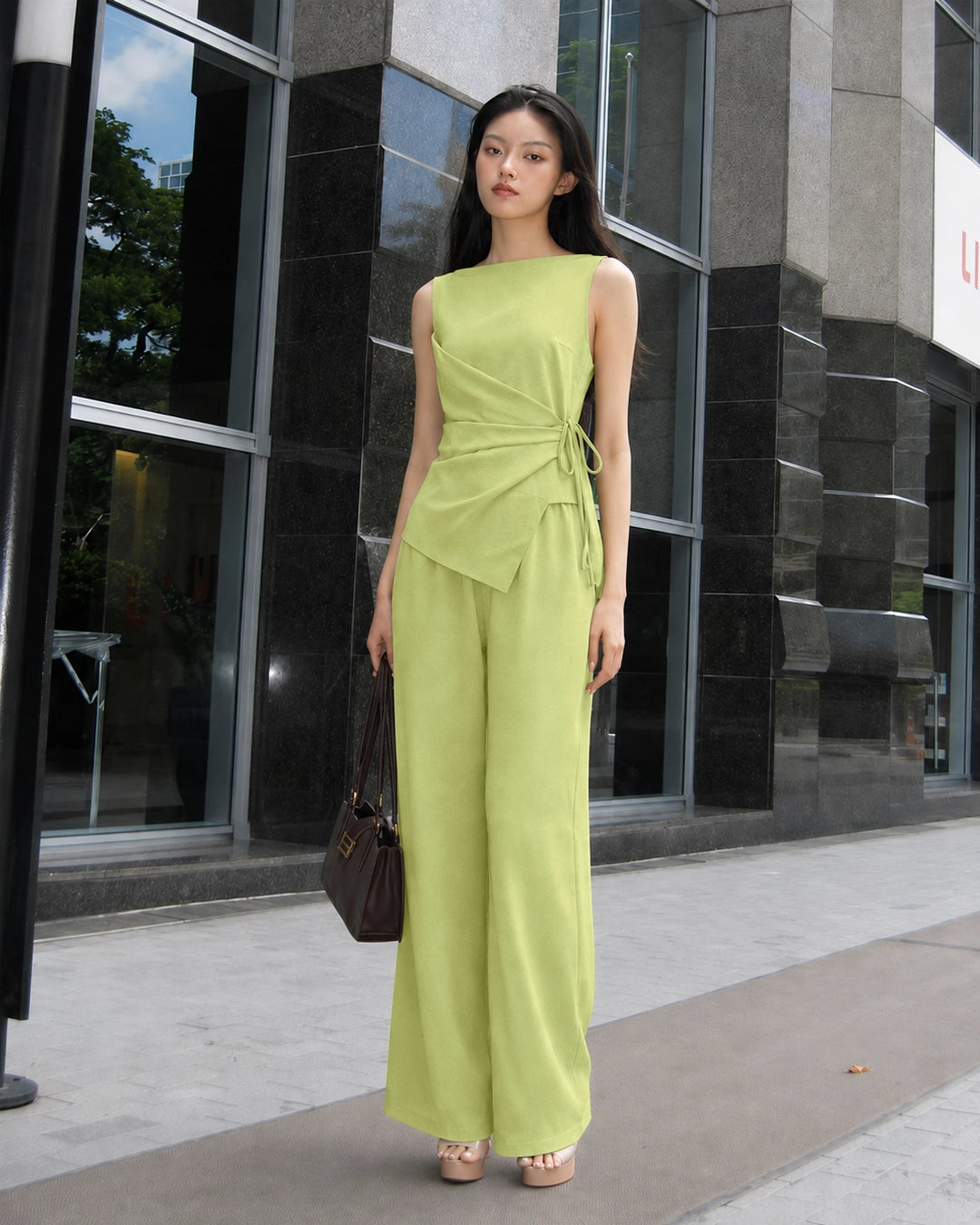 Wrap Tie Asymmetrical Hem Top and Wide Leg Trouser Coord Set in Lime Green
