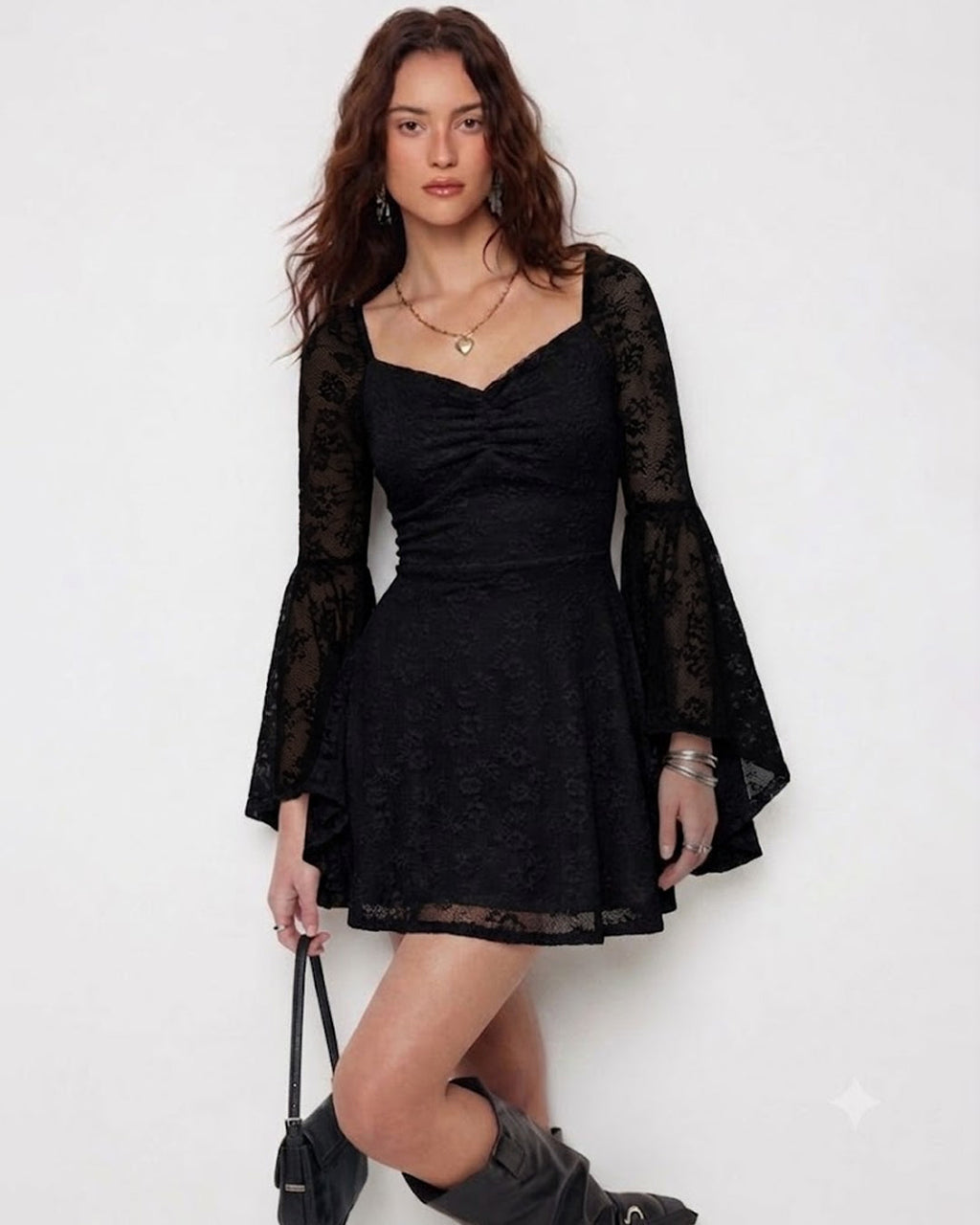 Sweetheart Neck Lace Fit & Flare Dress in Black