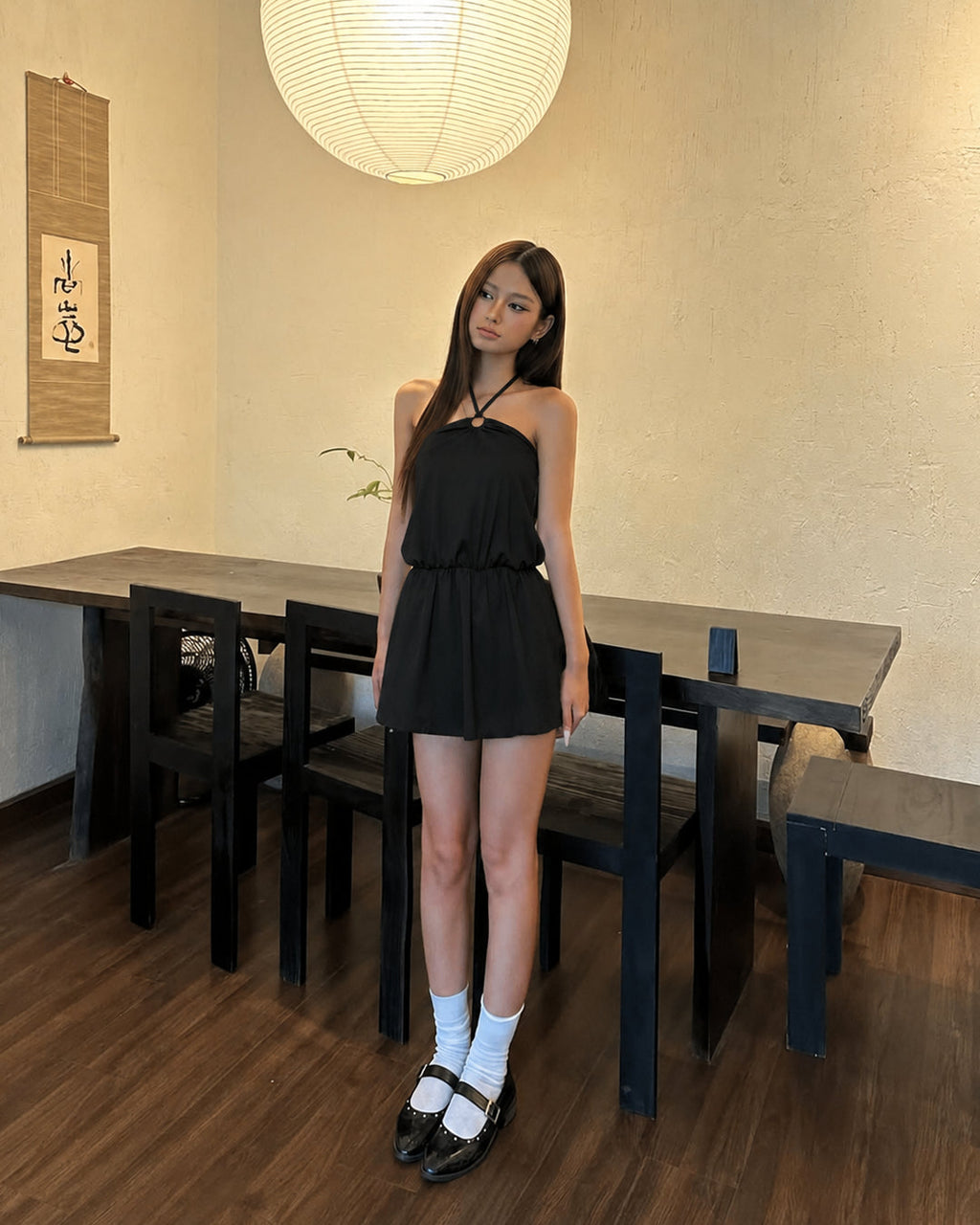 Ring Detail Halter Neck Backless Mini Dress in Soft Black