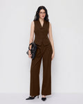 Sleeveless V-Neck Vest Button Front Blazer Top and High-Waisted A-Line Pants in Chocolate Brown