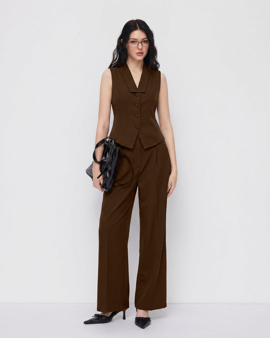 Bonus Cloth's Sleeveless V-Neck Vest Button Front Blazer Top and High-Waisted A-Line Pants in Chocolate Brown