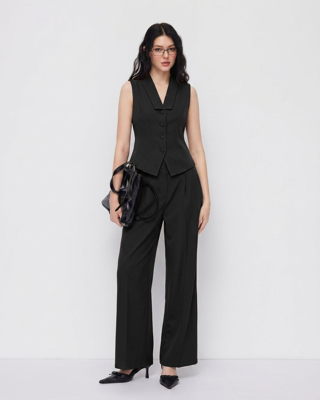 Sleeveless V-Neck Vest Button Front Blazer Top and High-Waisted A-Line Pants in Soft Black