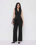 Sleeveless V-Neck Vest Button Front Blazer Top and High-Waisted A-Line Pants in Soft Black