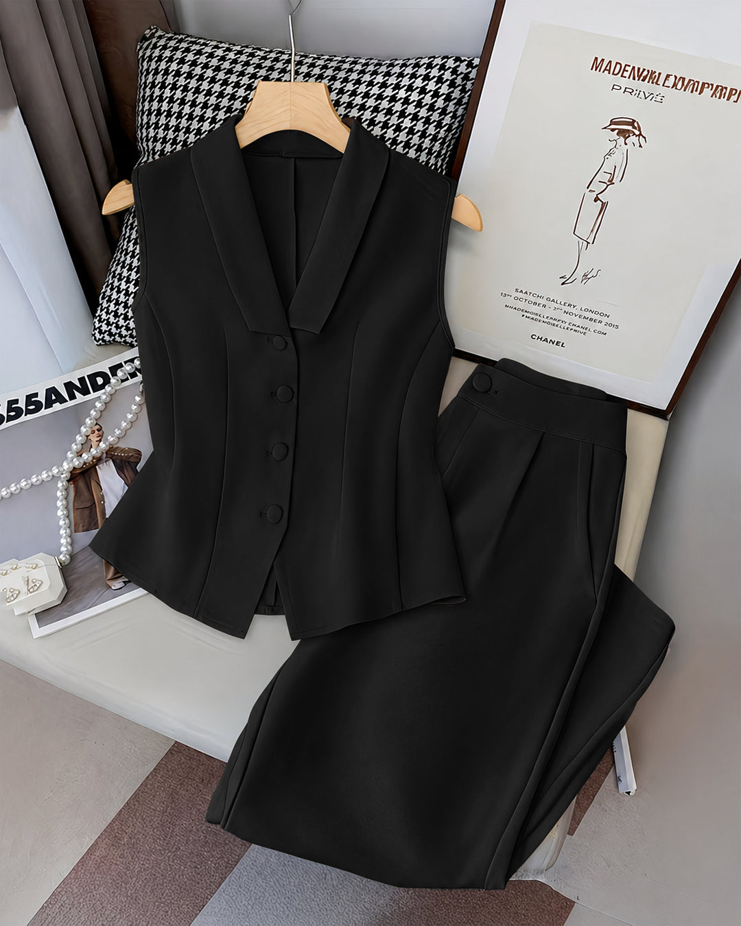 Sleeveless V-Neck Vest Button Front Blazer Top and High-Waisted A-Line Pants in Soft Black