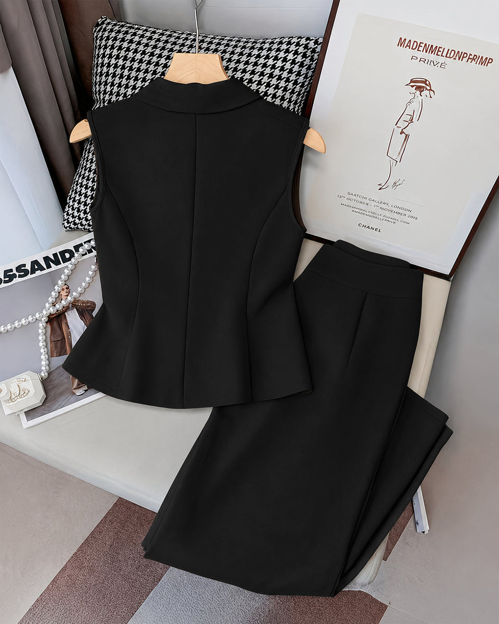Sleeveless V-Neck Vest Button Front Blazer Top and High-Waisted A-Line Pants in Soft Black