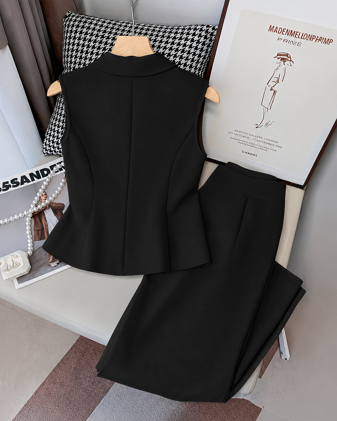 Sleeveless V-Neck Vest Button Front Blazer Top and High-Waisted A-Line Pants in Soft Black