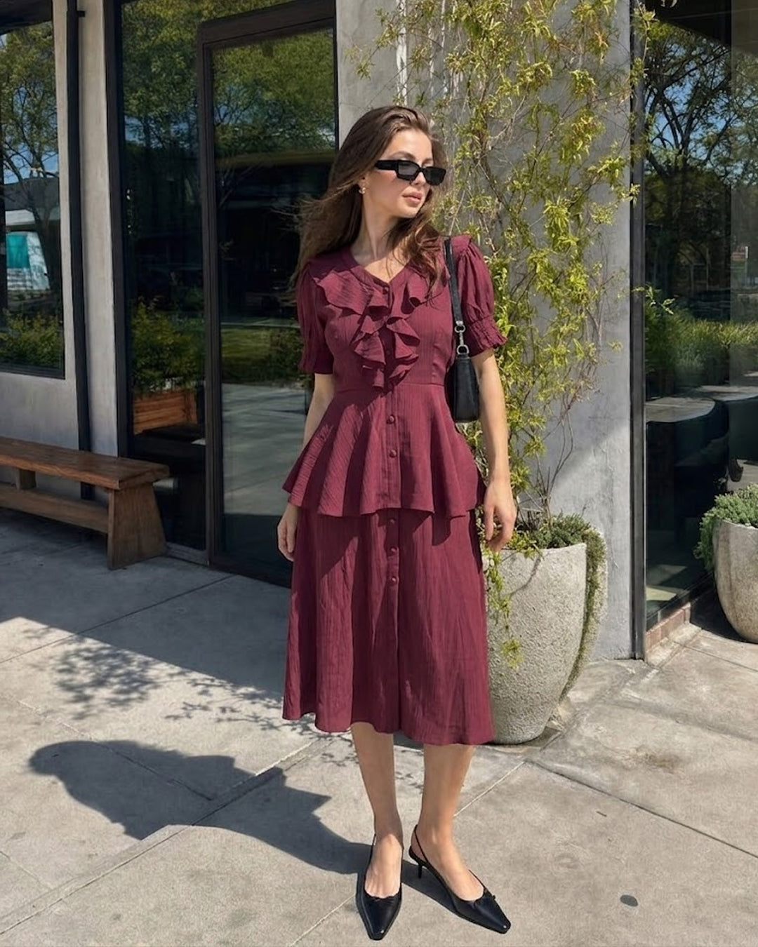 Ruffle Peplum Top and Midi Skirt Co-ord in Wine Maroon
