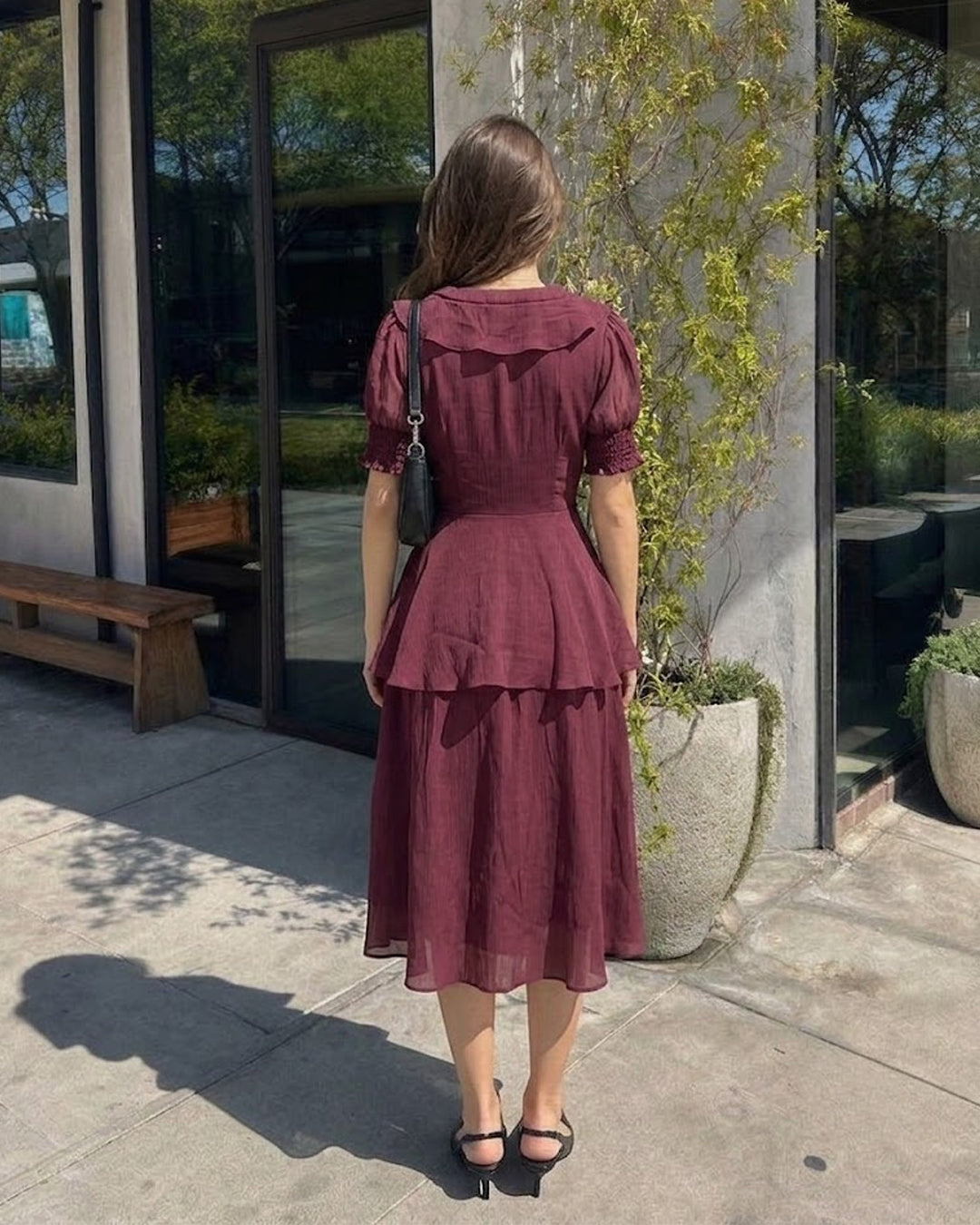 Ruffle Peplum Top and Midi Skirt Co-ord in Wine Maroon