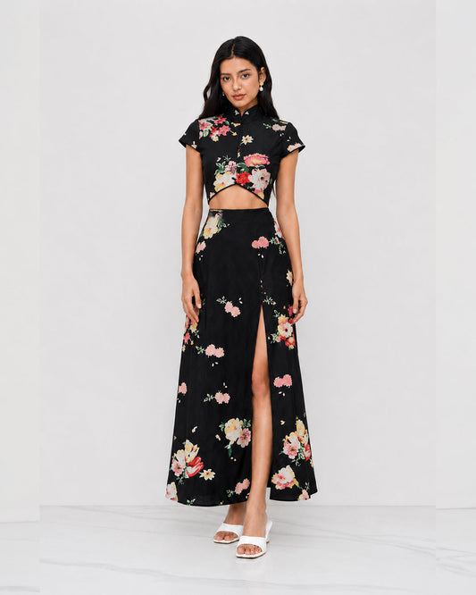 Bonus Cloth's Mandarin Collar Floral Top & Slit Maxi Skirt Co-Ord in Classic Black