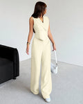 Collared V-Neck Sleeveless Vest Top And Wide Leg Pants Set in Beige