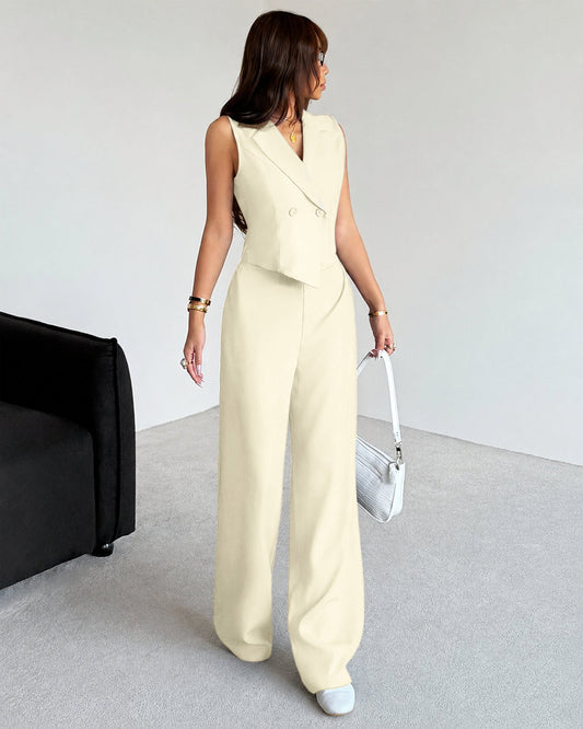 Bonus Cloth's Collared V-Neck Sleeveless Vest Top And Wide Leg Pants Set in Beige