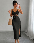 Textured V Neck Cut Out Spaghetti Strap Dress in Soft Black