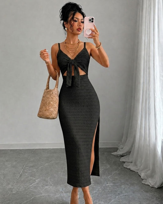 Bonus Cloth's Textured V Neck Cut Out Spaghetti Strap Dress in Soft Black