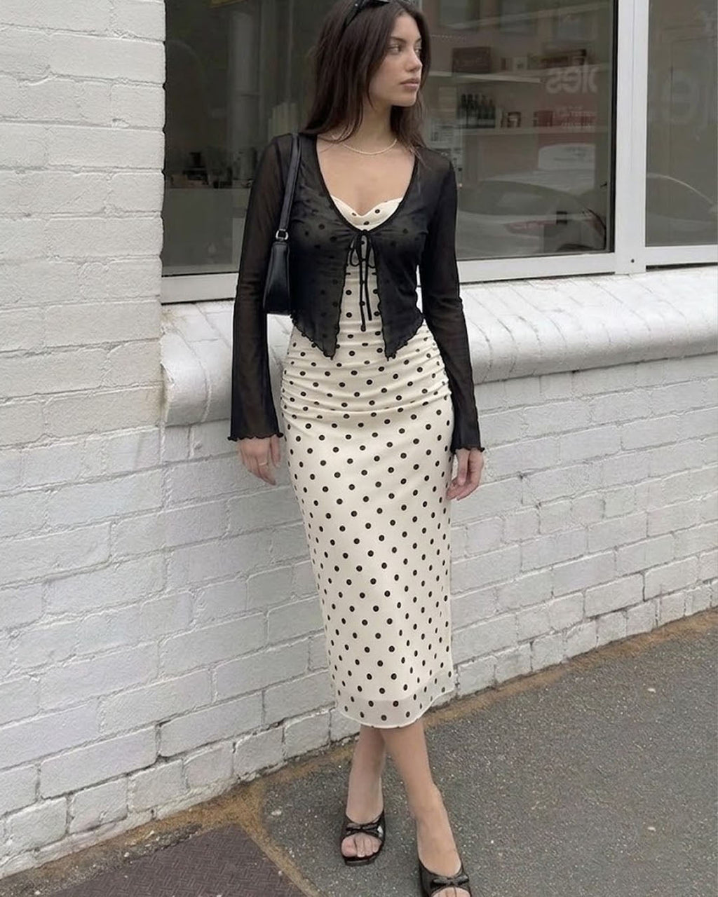 Polka Dot Cowl Neck Midi Dress with Sheer Shrug in Soft Black and Classic White