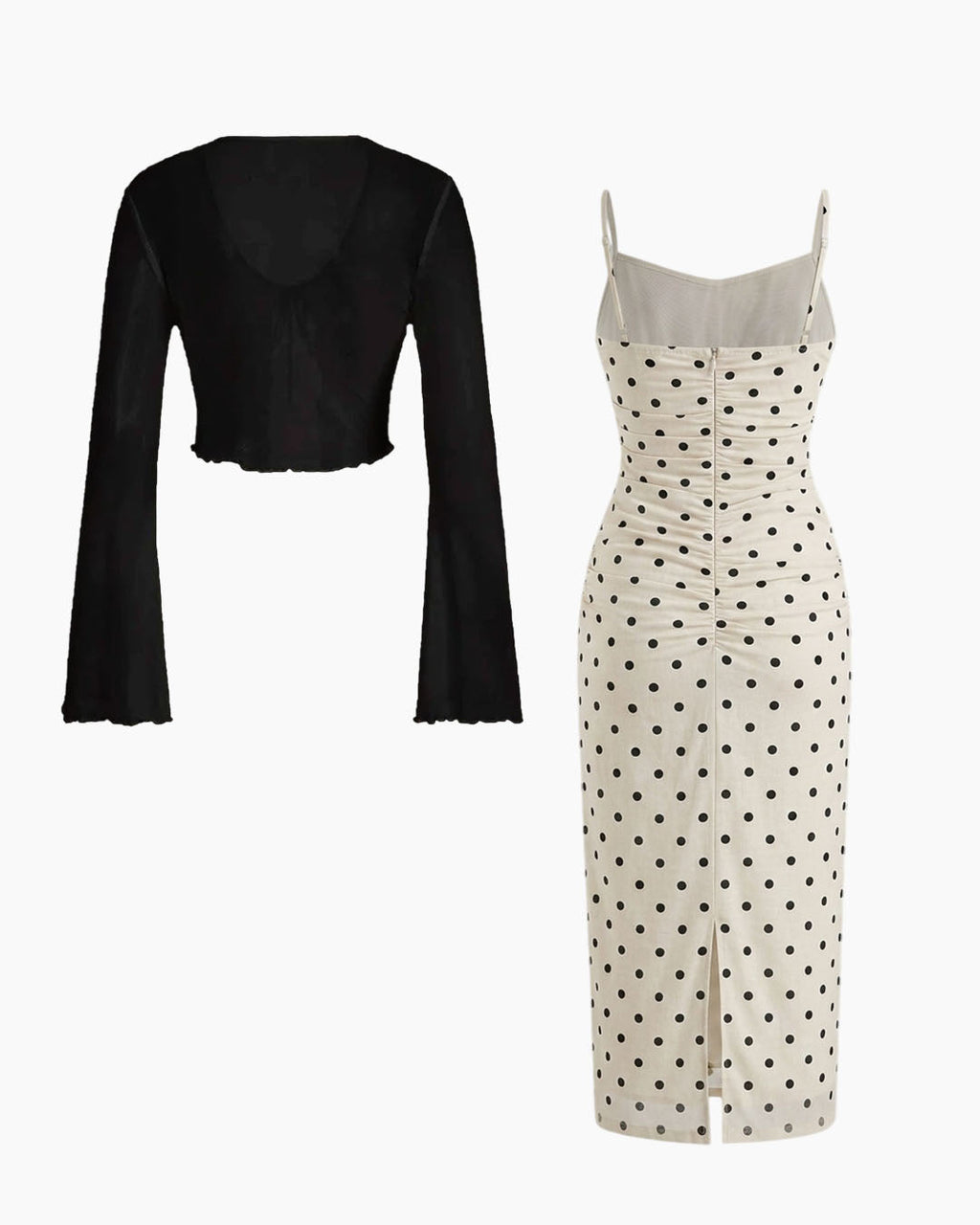 Polka Dot Cowl Neck Midi Dress with Sheer Shrug in Soft Black and Classic White