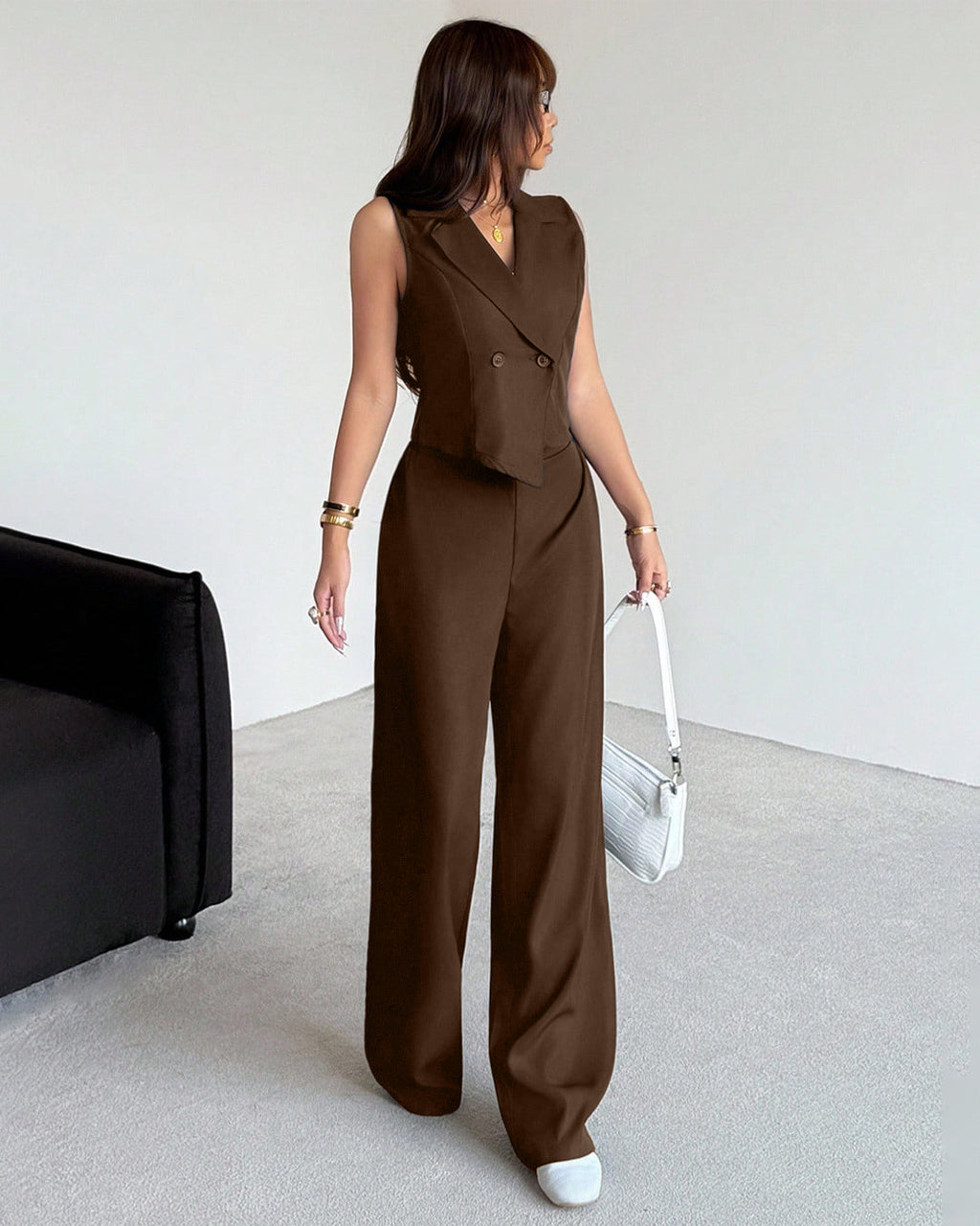 Solid Wide Leg Sleeveless Jumpsuit in Cocoa Brown