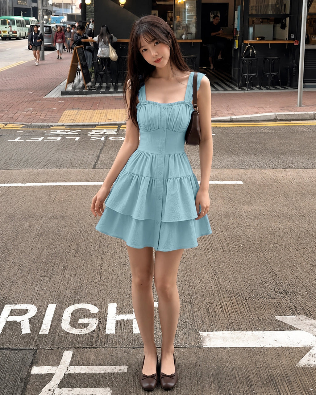 Ruched Bodice Button Front Tiered Mini Dress in Powder Blue