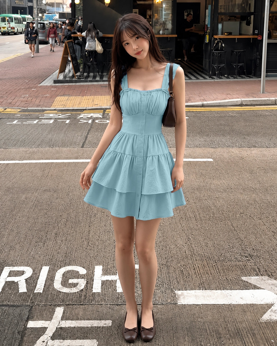 Ruched Bodice Button Front Tiered Mini Dress in Powder Blue