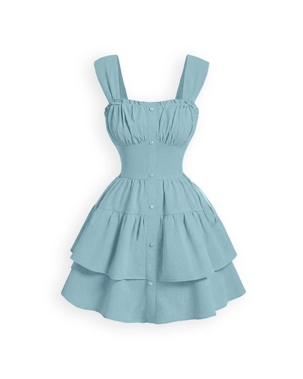 Ruched Bodice Button Front Tiered Mini Dress in Powder Blue