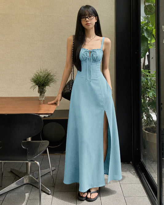 Bonus Cloth's Spaghetti Strap Ruched Bust Slit Midi Dress in Sky Blue