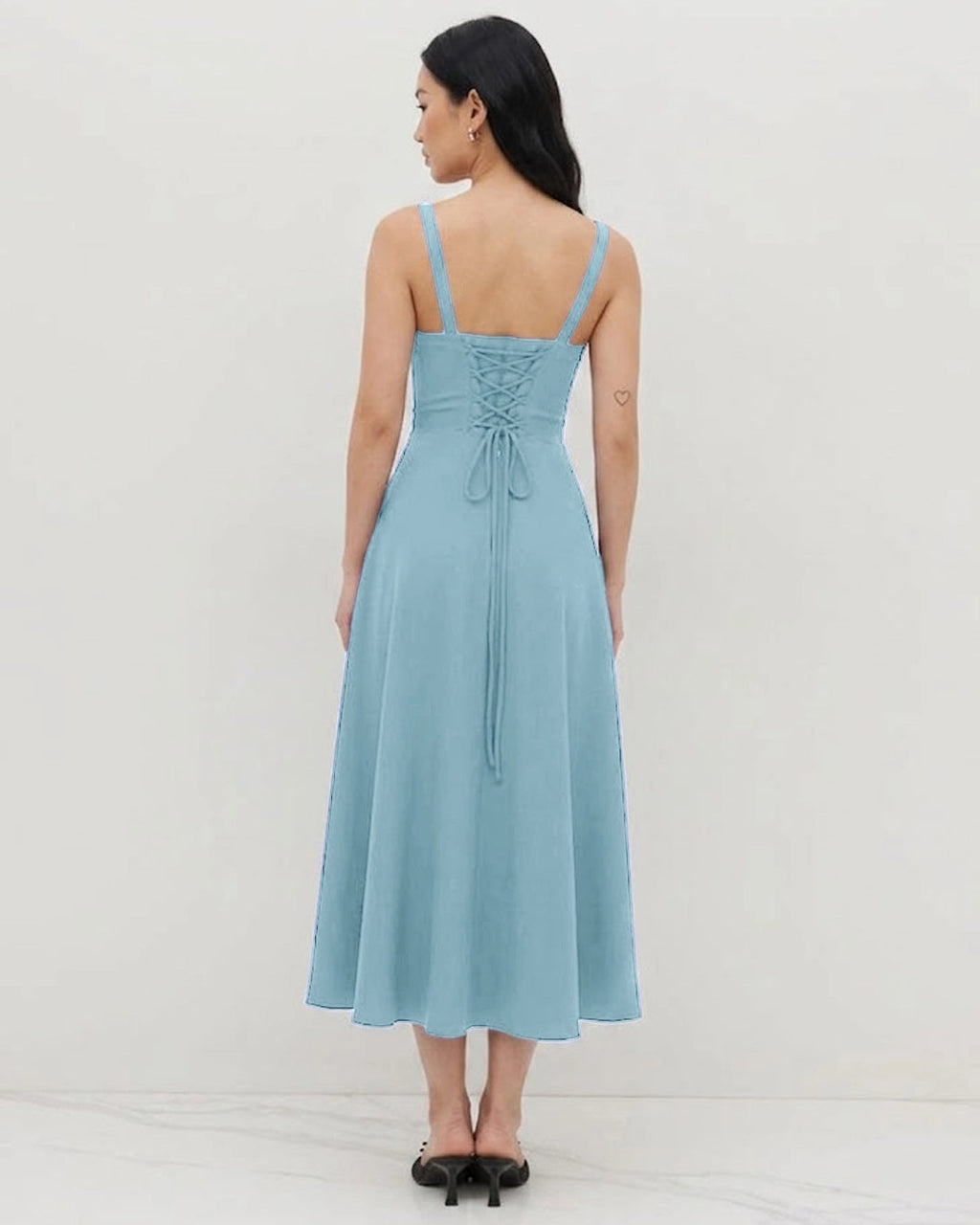 Spaghetti Strap Ruched Bust Slit Midi Dress in Sky Blue