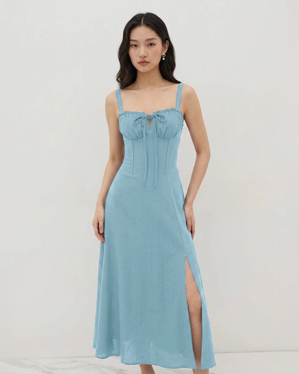 Spaghetti Strap Ruched Bust Slit Midi Dress in Sky Blue