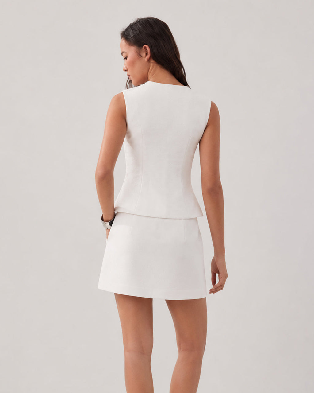 Button Down Vest Top and Mini Skirt Co-Ord Set in Classic White