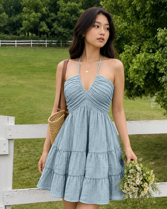 Bonus Cloth's Halter Neck Tiered Ruffle Mini Dress in Dusty Blue