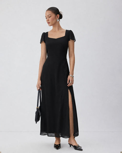Bow Back Sweetheart Neck Maxi Dress in Soft Black