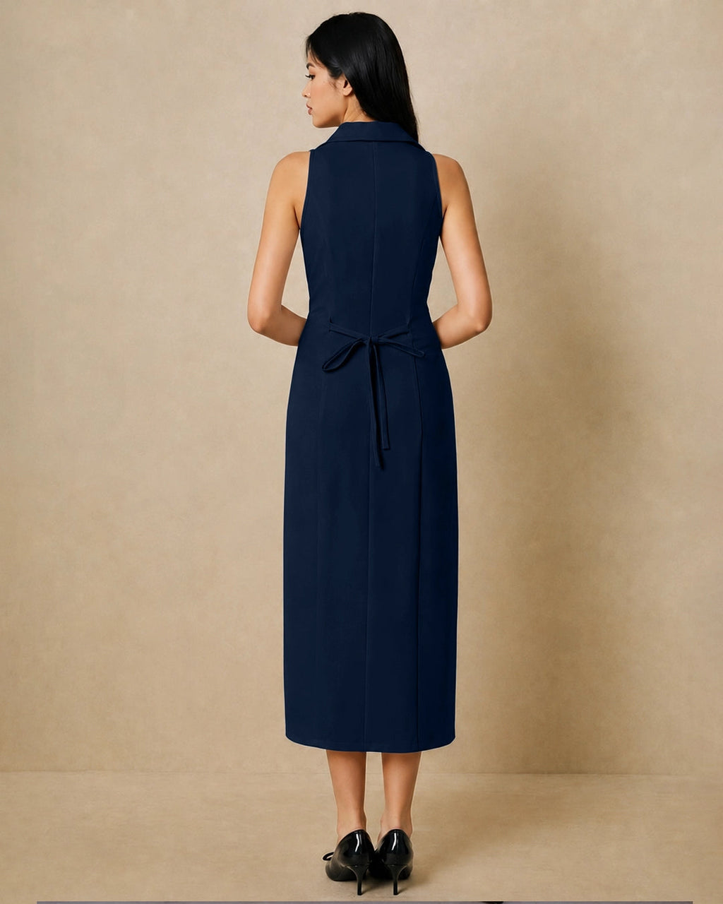 Lapel Collared Sleeveless Midi Dress in Dark Navy Blue