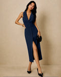 Lapel Collared Sleeveless Midi Dress in Dark Navy Blue