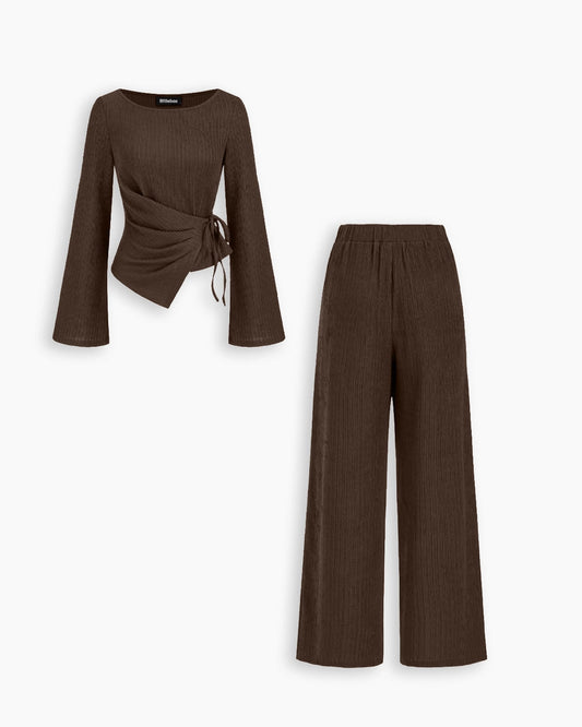Bonus Cloth's Wrap Tie Top and Wide Leg Trouser Co-Ord Set in Cocoa Brown