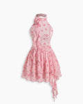 Floral Rosette Halter Ruffle Mini Dress in Powder Pink