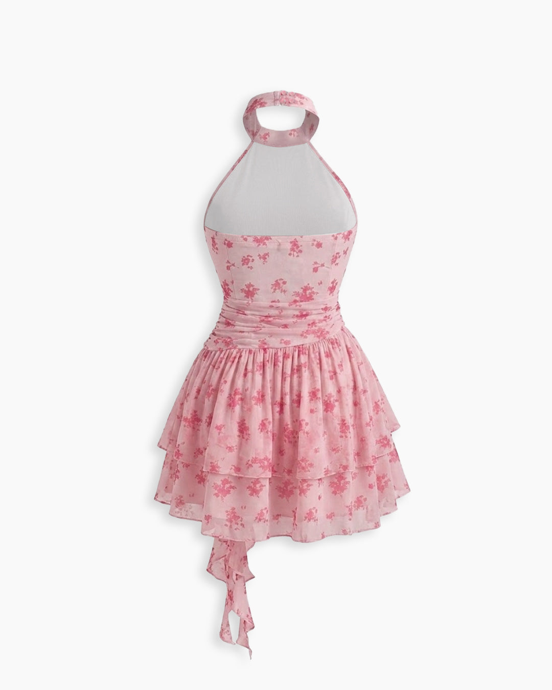Floral Rosette Halter Ruffle Mini Dress in Powder Pink