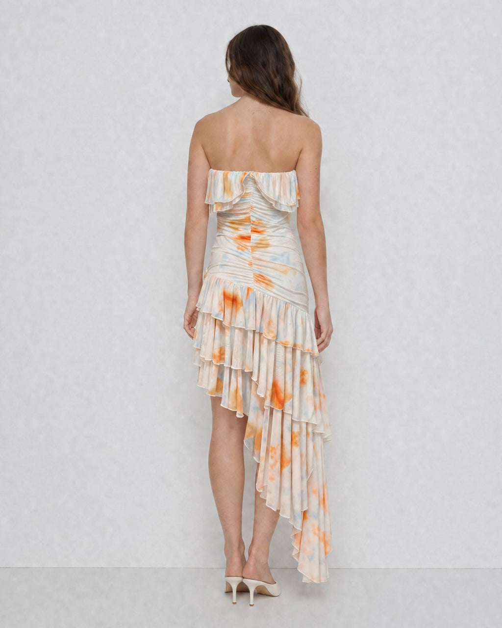 Strapless Ruffle Asymmetric Dress in Pearl White