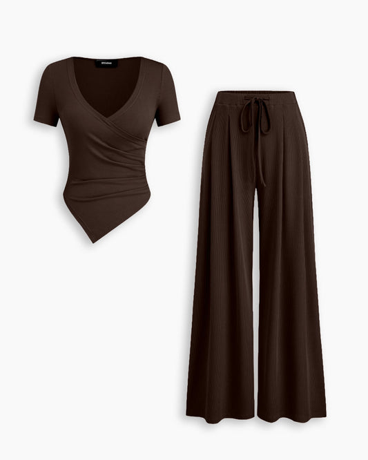 Bonus Cloth's Wrap Asymmetric Top and Wide Leg Trousers Co-Ord Set in Chocolate Brown