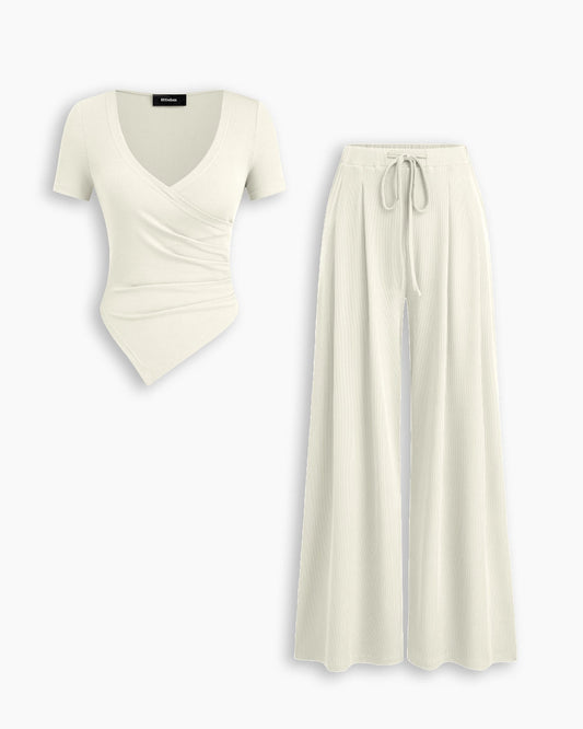 Bonus Cloth's Wrap Asymmetric Top and Wide Leg Trousers Co-Ord Set in Pearl White