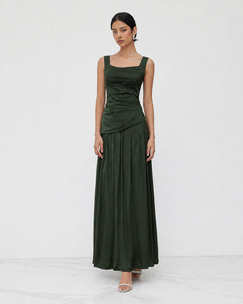 Ruched Fit and Flare Maxi Dress in Dark Green