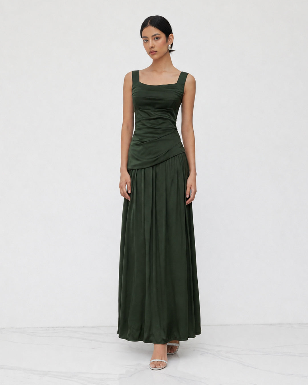 Ruched Fit and Flare Maxi Dress in Dark Green