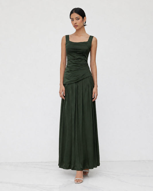 Bonus Cloth's Ruched Fit and Flare Maxi Dress in Dark Green