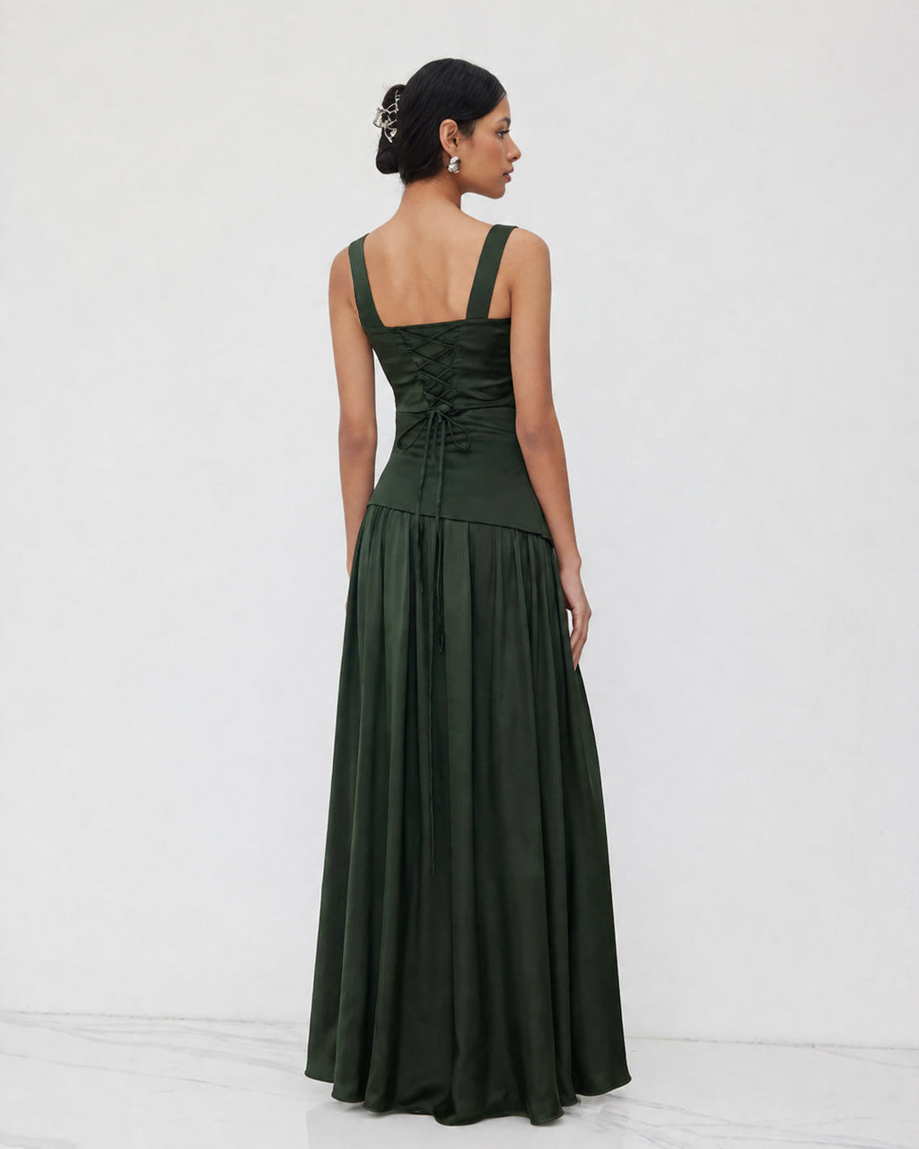 Ruched Fit and Flare Maxi Dress in Dark Green