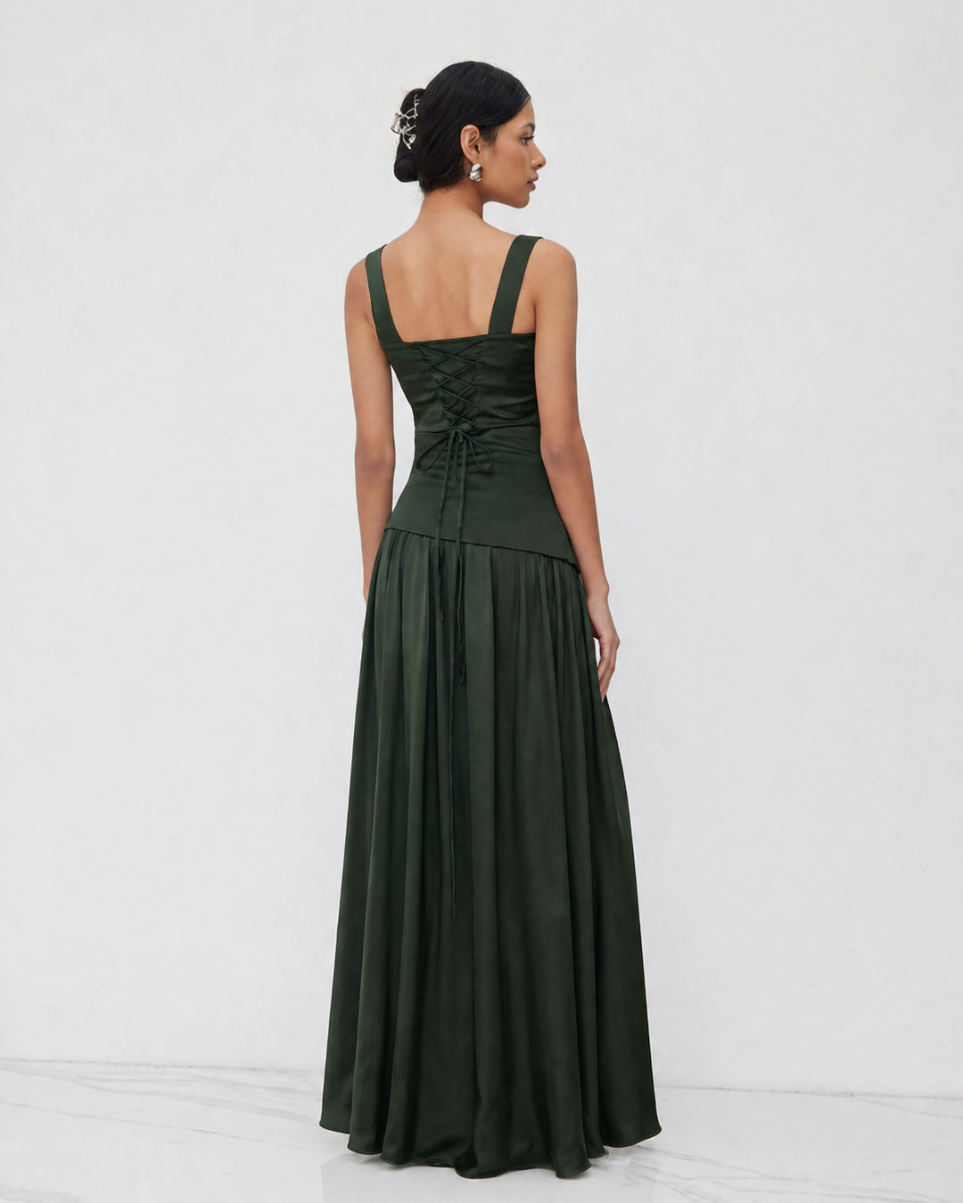 Ruched Fit and Flare Maxi Dress in Dark Green