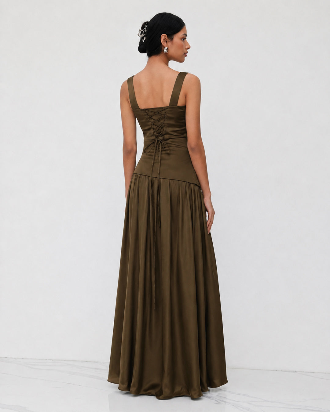 Ruched Fit and Flare Maxi Dress in Cocoa Brown
