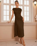Ruched Drape Midi Dress in Espresso Brown