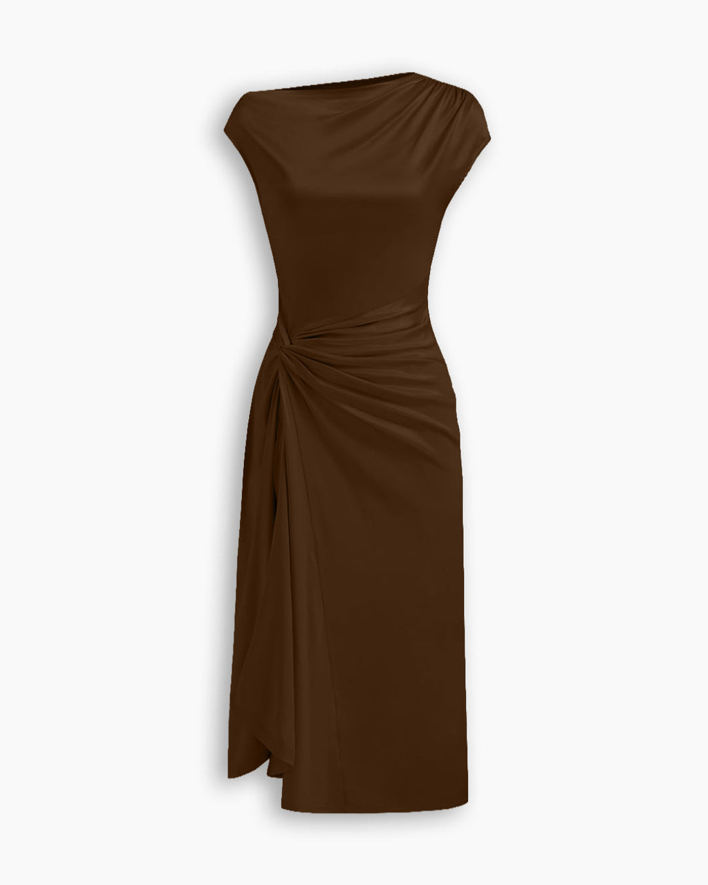 Ruched Drape Midi Dress in Espresso Brown