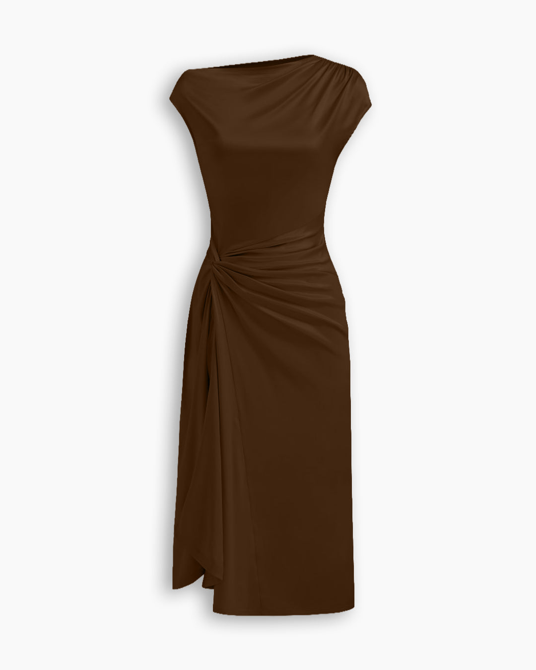 Ruched Drape Midi Dress in Espresso Brown