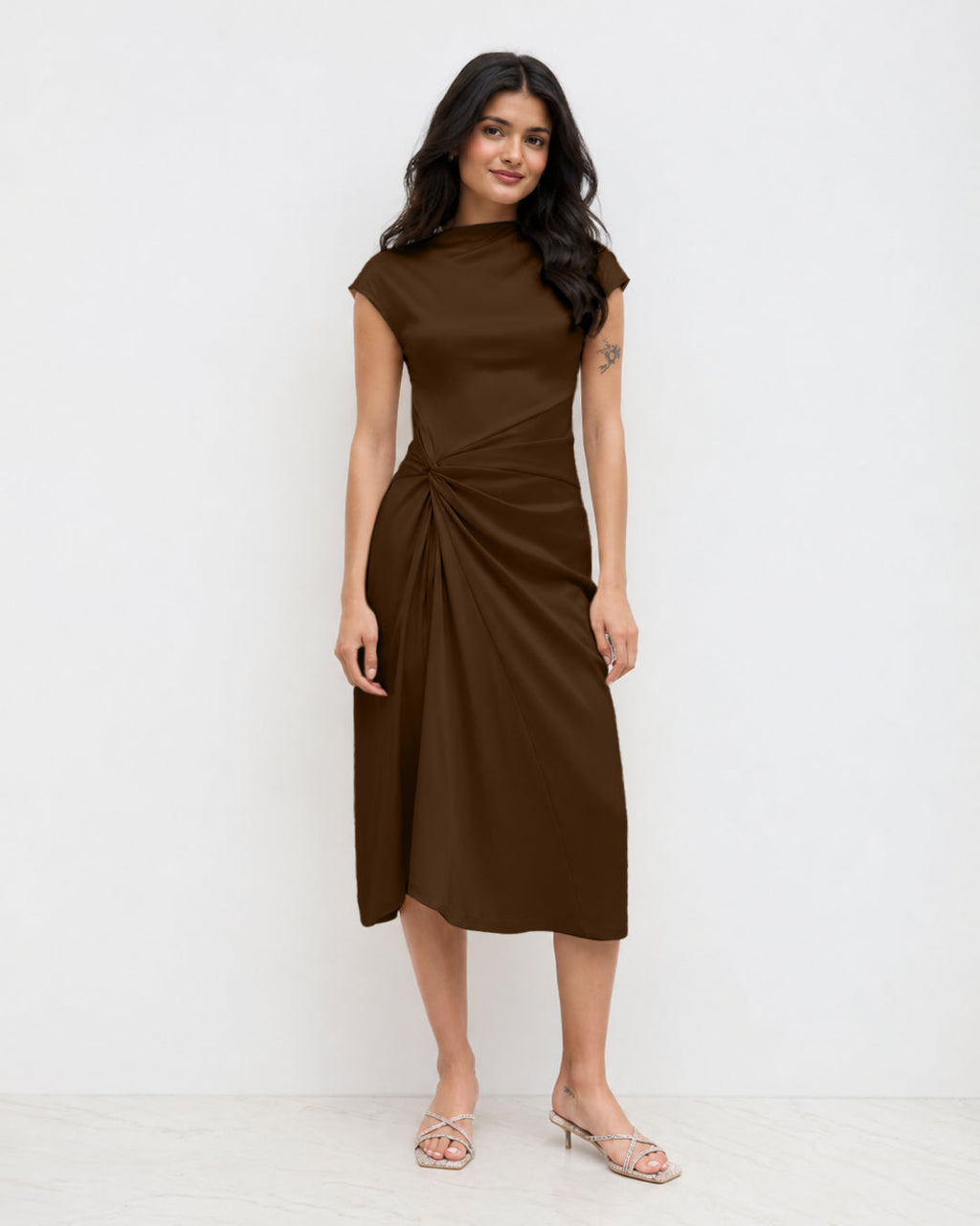 Ruched Drape Midi Dress in Espresso Brown