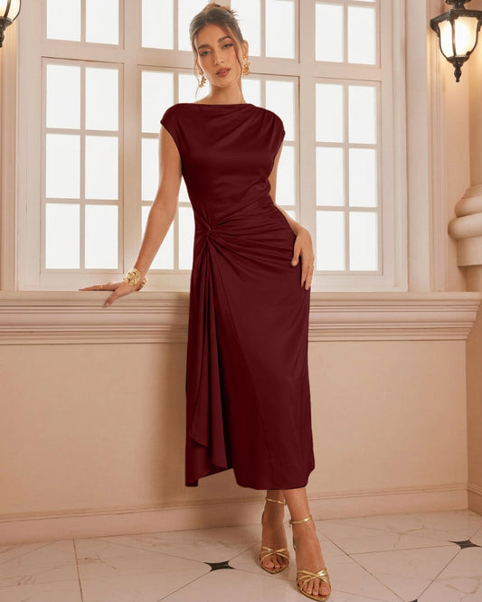 Bonus Cloth's Ruched Drape Midi Dress in Merlot