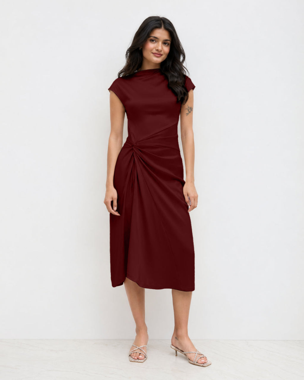 Ruched Drape Midi Dress in Merlot